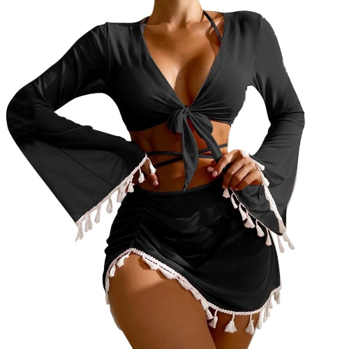 Women Swimsuits Fringe Top Long Sleeve Coverup Sexy Mini Skirt Bathing Suit